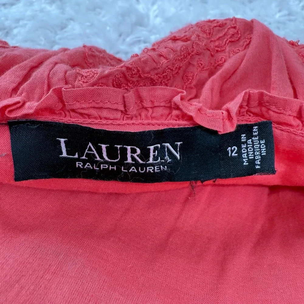 Lauren Ralph Lauren Off-Shoulder Dress Women's 12 Embroidered Ruffle Coral Boho - Picture 3 of 16